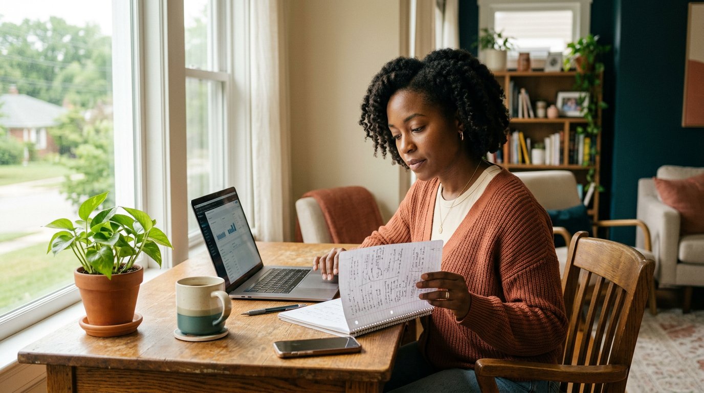A woman learning about investing at her home desk