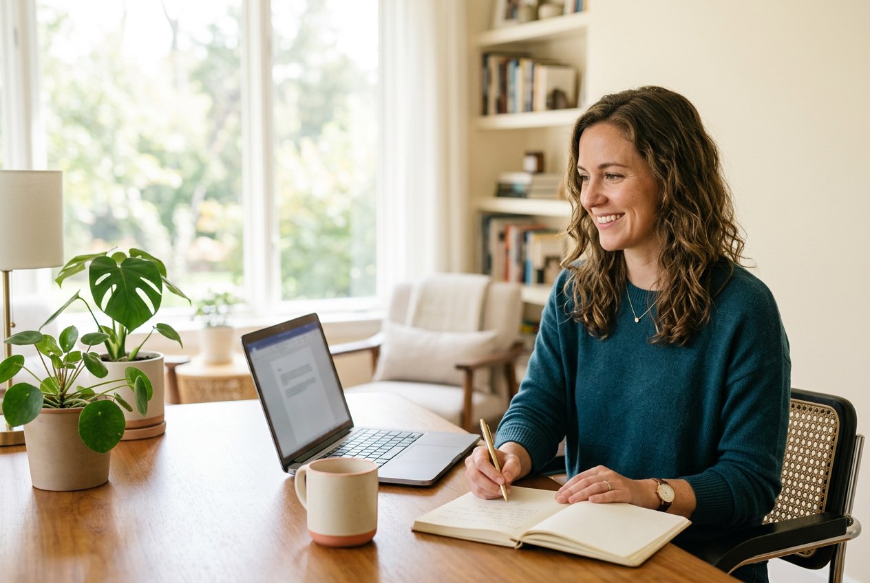 A woman reviewing her plans at a sunny home workspace