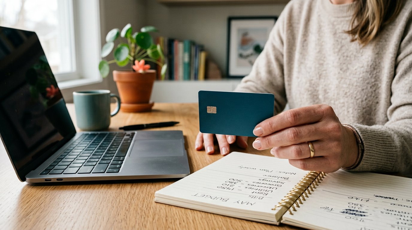 An adult comparing a plain credit card with a written budget