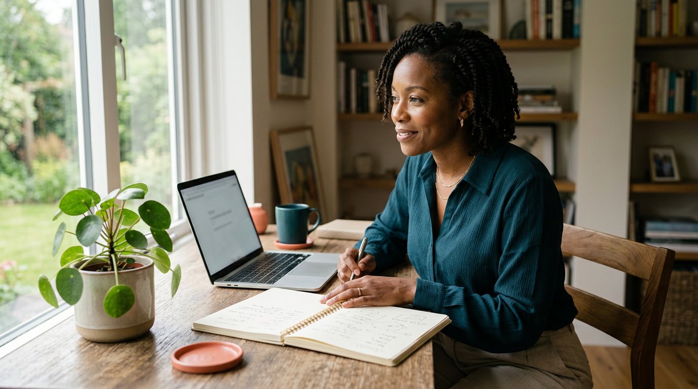 A woman reviewing a long-term investment plan at her desk